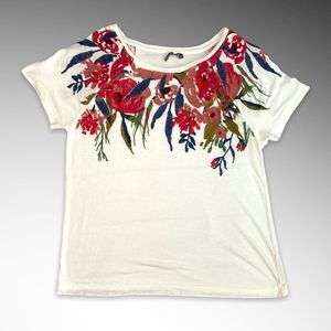 Anthropologie Rosamund Floral Embroidered White Crewneck Top, Small